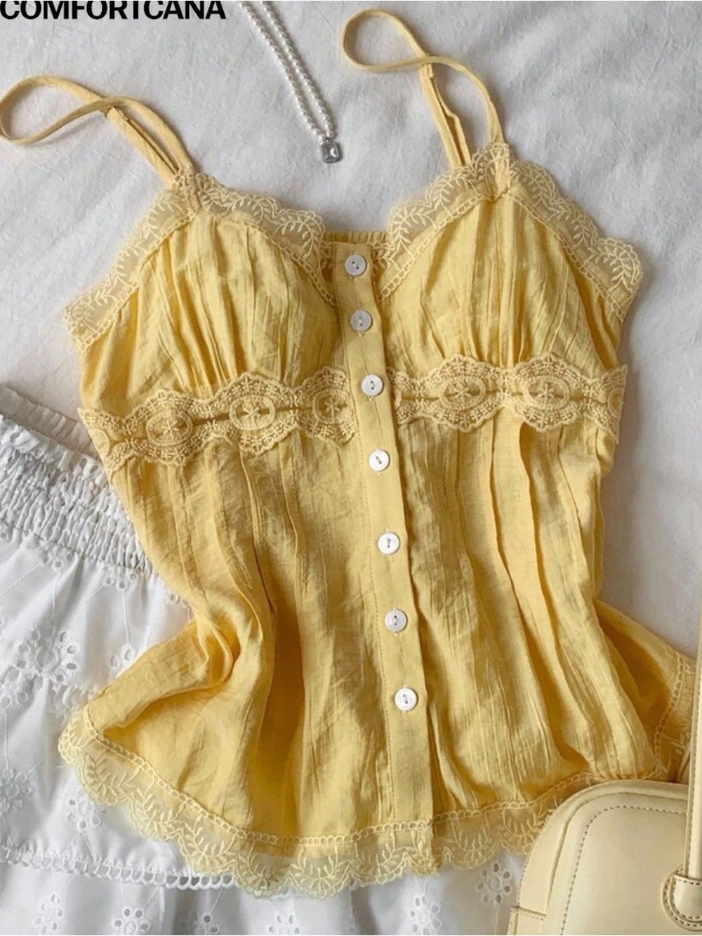 Yellow Lace-Trim Button-Front Cami by COMFORICANA